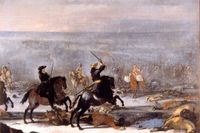 Karl XI under slaget vid Lund, den 4 december 1676, målning av Johan Philip Lemke. 