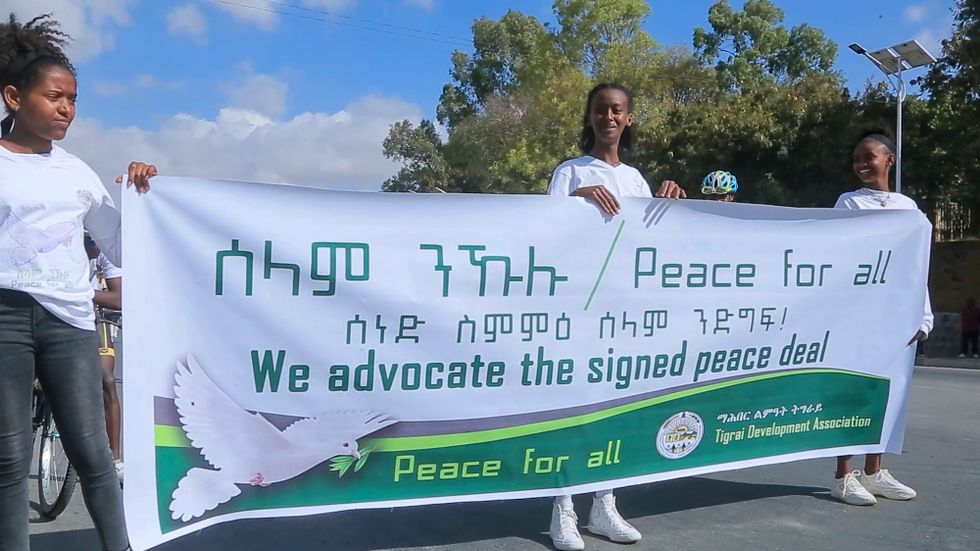 Flickor håller en banderoll som stödjer vapenvila mellan Etiopiens regering och rebellerna i Tigray i samband med en gatufestival i Mekele den 26 november.