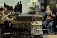 Leonardo da Vinci: Bebådelsen. Tornen på bilden är omkring fyra millimeter breda.
