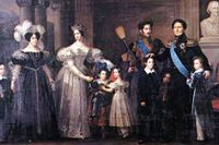 Fredrik Westins målning av ätten Bernadotte, 1837. Fr v: prins Oscar (II), drottning Desideria, kronprinsessan Josefine, prins August, prinsessan Eugenie, kronprinsen Oscar (I), prins Karl (XV), kung Karl XIV Johan, prins Gustav och byst föreställande Karl XIII.