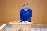 Statsminister Magdalena Andersson (S) under riksdagsdebatten om ett svenskt Natomedlemskap.
