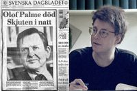 Svenska dagbladets förstasida lördagen den 1 mars 1986, dagen efter att Olof palme mördats. Till höger: Stieg Larsson arbetar på TT:s redaktion på 80-talet.