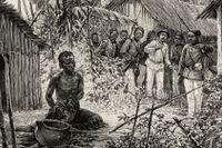 ”En kannibal” heter detta gravyrstick från 1890 som skildrar den franska upptäcktsresanden Paule Crampels resa till Tchad. Titeln ligger i linje med den tidens syn på afrikaner.