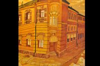 ”Guld nära Valhallavägen, blandteknik, 2014, 50 x 50 cm”. Huskroppar på ödsliga gator är det tema som dominerar Charlotte Sachs utställning på Elverket Djursholm (Danderyds konsthall).