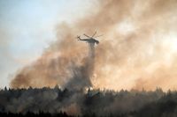 En helikopter släpper vatten över en skogsbrand norr om Aten.