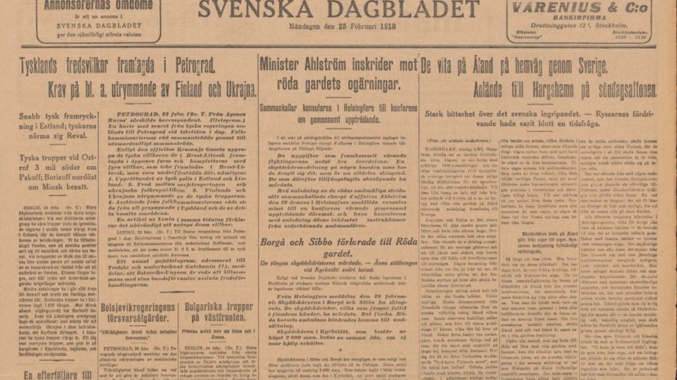 SvD:s förstasida den 25 februari 1918.