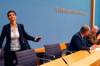 Frauke Petry reser sig upp och går från presskonferensen där hon just meddelat att hon inte ska delta i AfD:s partigrupp i tyska förbundsdagen.
