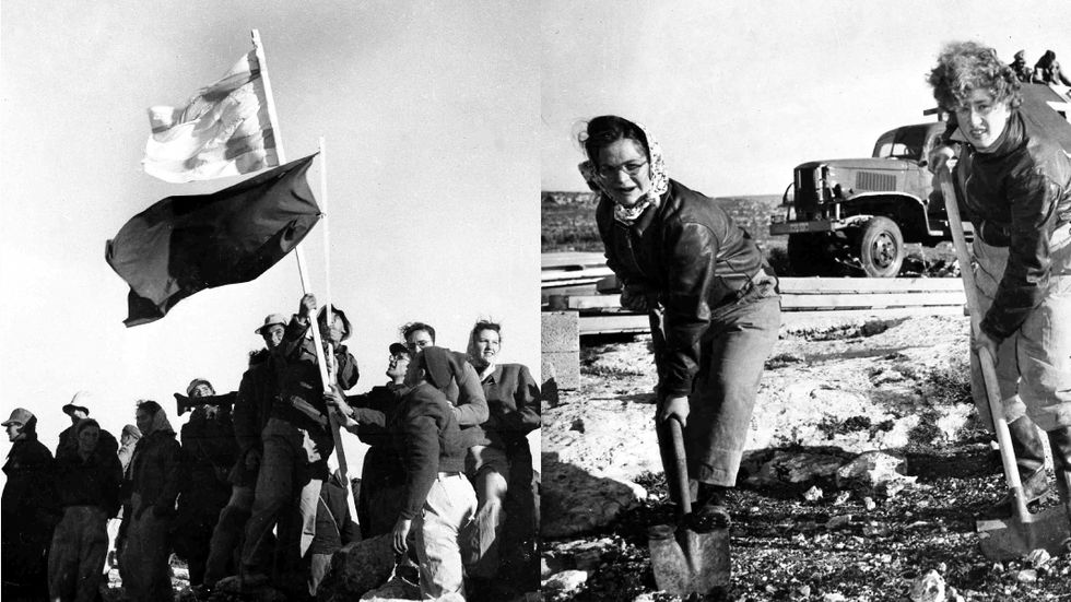Ungerska och brittiska judar reser den röda och den israeliska flaggan på kibbutzen Yas’ur, utanför Akko i norra Israel, januari 1949. Till höger: Miriam Weiss från Skottland och Leah Cohen från Leeds var två av arbetarna på kibbutzen.
