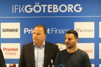 FK Göteborgs klubbdirektör Max Markusson, Mikael Johansson, och huvudtränare Poya Asbaghi under presskonferensen på Kamratgården.
