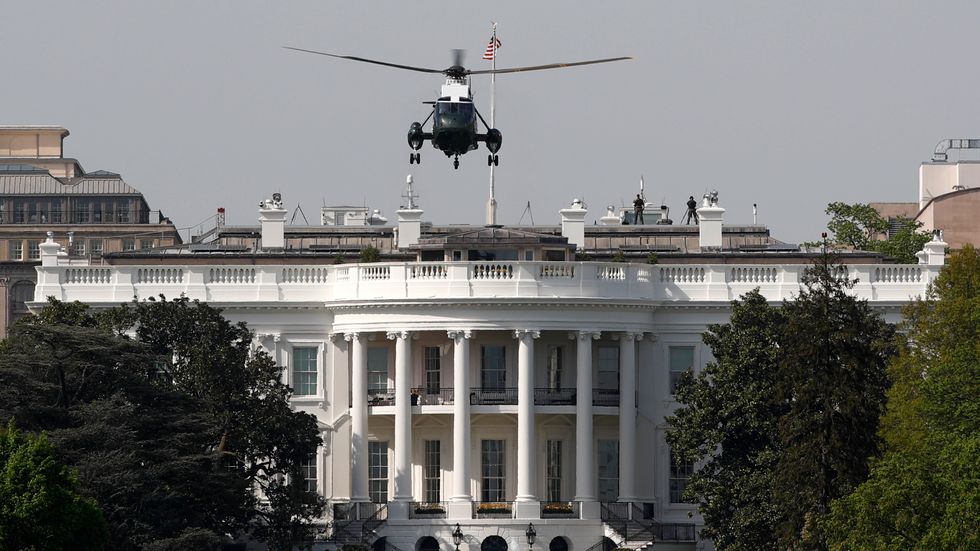 Marine One, with President Donald Trump aboard, departs the South Lawn of the White House enroute to nearby Andrews Air Force Base, Md., for a trip to Trump's Mar-a-lago estate in Palm Beach, Fla., Thursday, April 18, 2019, in Washington.