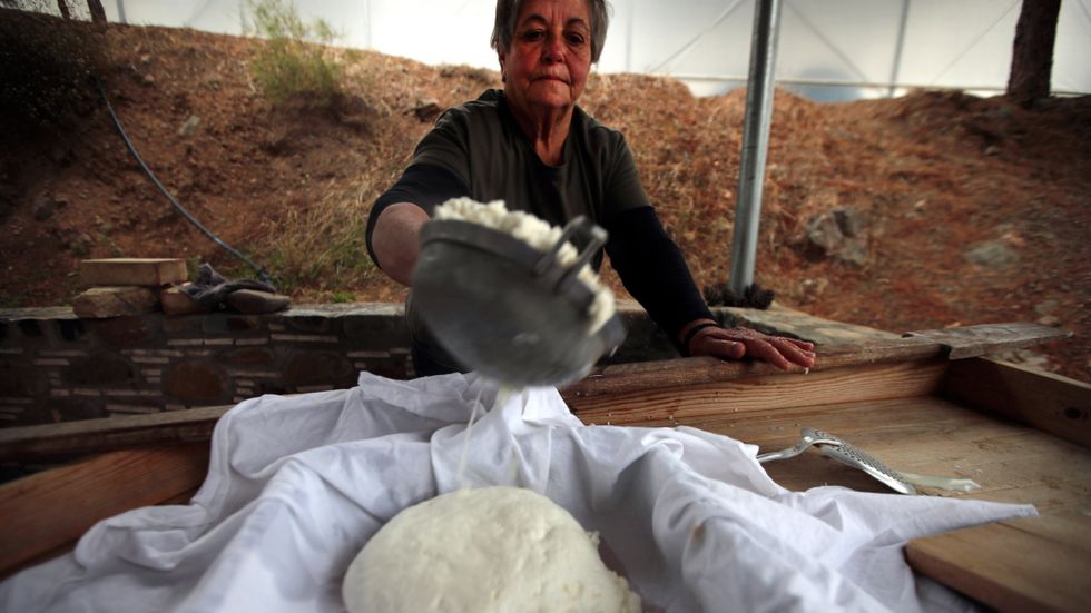 Aphrodite Philippou, 73, tillverkar halloumi på en farm i närheten av Nicosia på Cypern.