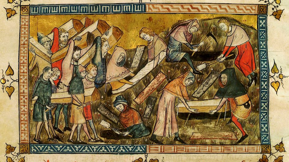Begravning av digerdödens offer i Tournai. Detalj från ”Gilles Li Muisis krönikor” (1272–1352) av abbé de Saint-Martin de Tournai.