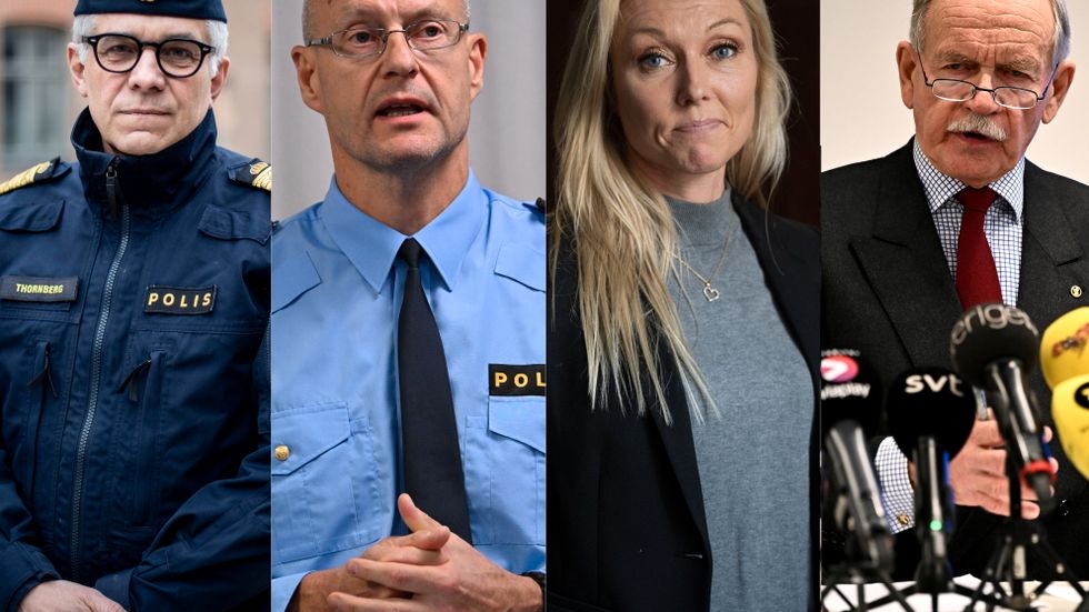 Rikspolischefen Anders Thornberg, före detta regionpolischefen Mats Löfving, Linda Staaf, Noa och polisens externa utredare Runar Viksten.