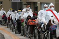 Sjukvårdspersonal rullar ut behandlade patienter från ett av Limas tillfälliga sjukhus som vårdar hundratals personer med covid-19.
