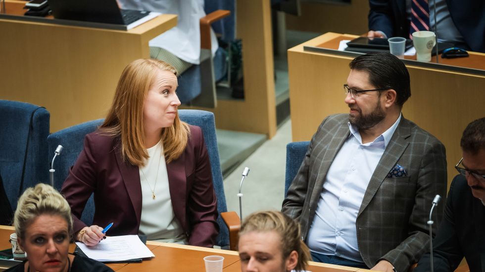 Annie Lööf (C) och Jimmie Åkesson (SD) under riksdagens talmansomröstning.