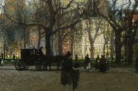 "Mot paradiset" utspelar sig i New York åren 1893, 1993 och 2093. På bilden: "Afternoon Madison Square" av den amerikanske konstnären Paul Cornoyer (1864–1923).