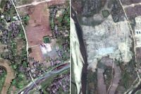 Två satellitbilder på byn Thit Tone Nar Gwa Son i delstaten Rakhine, tagna med några månaders mellanrum. Arkivbild.