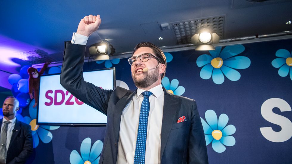 SD-ledaren Jimmie Åkesson på partiets valvaka 2018.