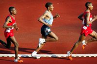 Kenenisa Bekele (höger) följd av Haile Gebrselassie och Sihine Sileshi under en 10 000-metersfinal i holländska Hengelo 2003. Gebrselassie anses av många ha det perfekta löpsteget.