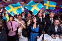 Framgångarna firas på Sverigedemokraternas valvaka.