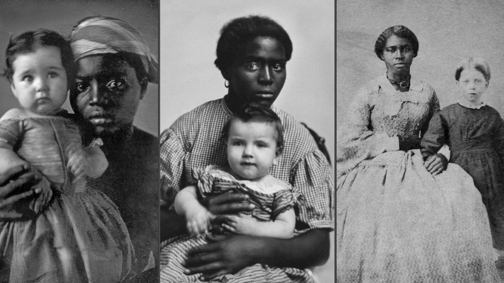 Från vänster: barnsköterska med ett barn (runt 1850), HE Hayward med barnflicka, slaven Louisa (runt 1858) och Sally Smith med familjens slav Frances (runt 1863).