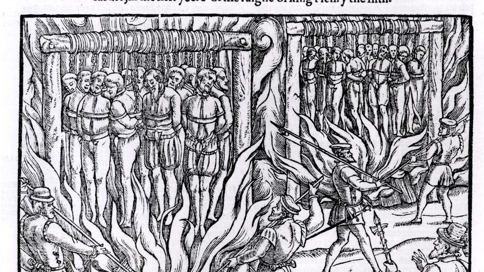 Lollarder bränns på bål. Träsnitt från John Foxes ”Actes and monuments”.