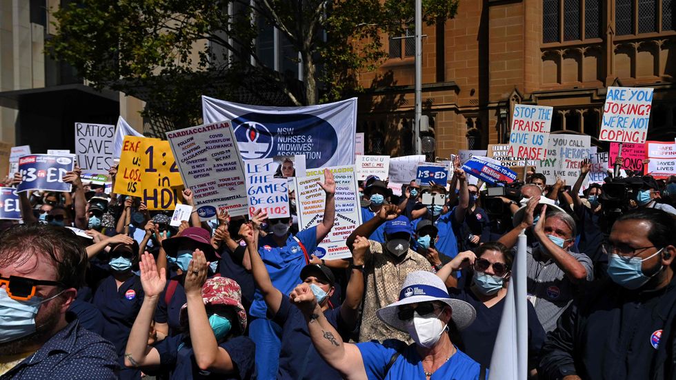 Sjuksköterskor protesterade i Sydney på tisdagen.