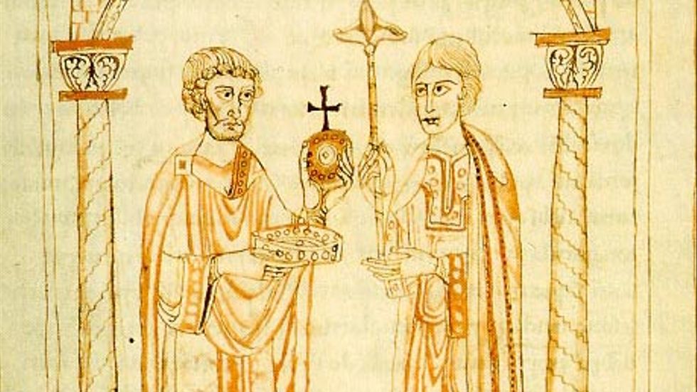 Den tyske kungen Henrik V (till höger) och hans fader.