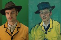 Douglas Booth som smeden Armand Roulin, i mitten van Goghs original ”Porträtt av Armand Roulin” och sista rutan filmversionen.