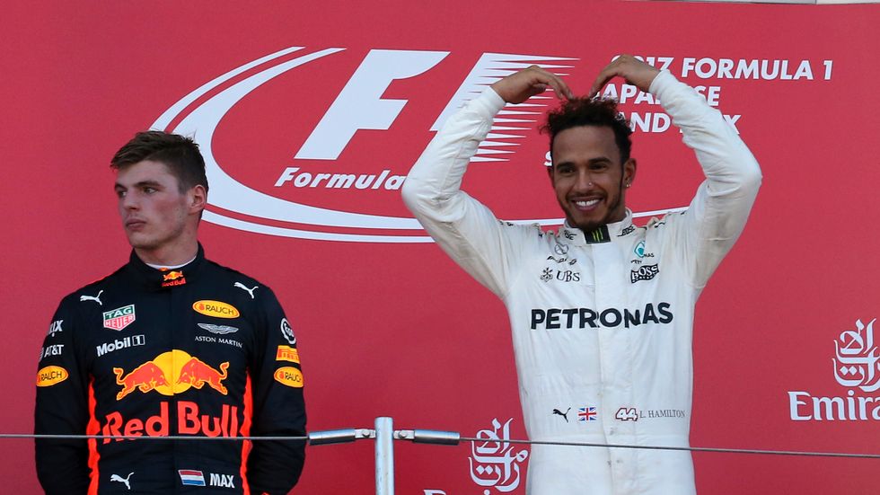 Max Verstappen och Lewis Hamilton. Arkivbild