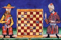En judisk och en muslimsk man spelar schack, illustration från 1200-talet. 