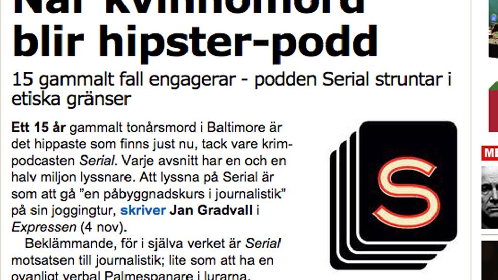 Skärmdump av Natalia Kazmierskas krönika i Aftonbladet där hon tycker att Serials skapare inte tar ansvar.