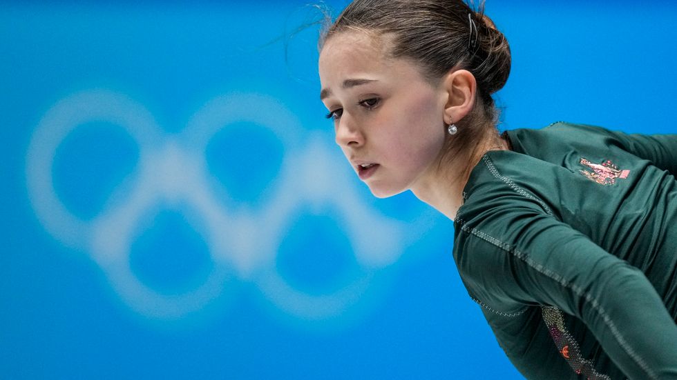 Kamila Valieva under en av träningarna i Peking.