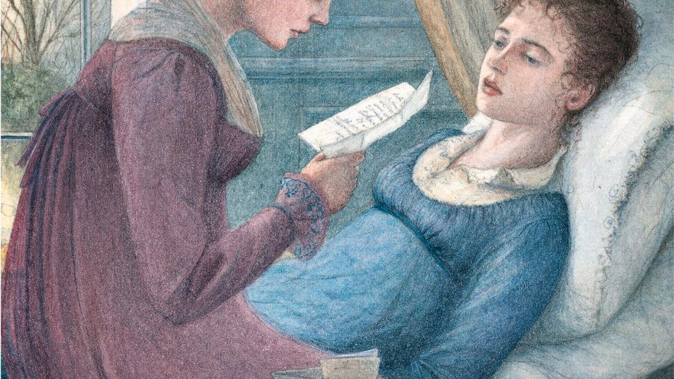 För att fira 200-årsjubileet av Austens "Stolthet och fördom" gavs sex frimärken ut i Storbritannien 2013, vart och ett med motiv från Austens romaner. Här en scen ur "Förnuft och känsla".