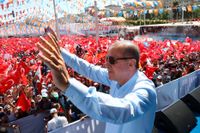 Turkiets president Erdoğan på ett valmöte i staden Sanliurfa i onsdags.