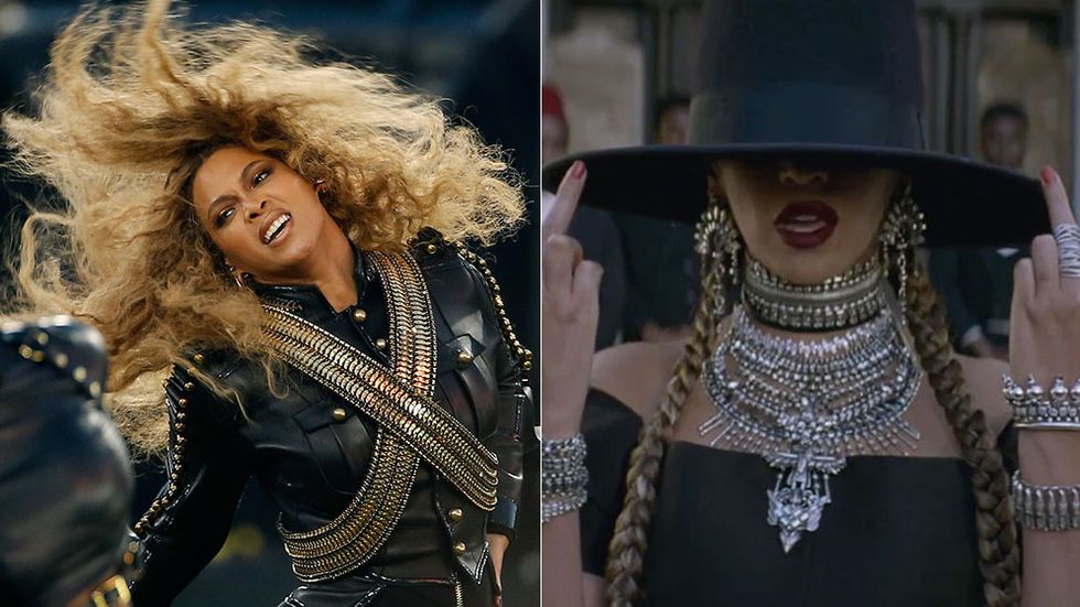 Beyoncé på Super Bowl till vänster.