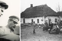 Till vänster: Josef Stalin (t h) tillsammans med Nikita Chrusjtjov 1932, då svälten pågick som värst i Ukraina. Till höger: Ukrainsk bondebefolkning framför konfiskerat hus.