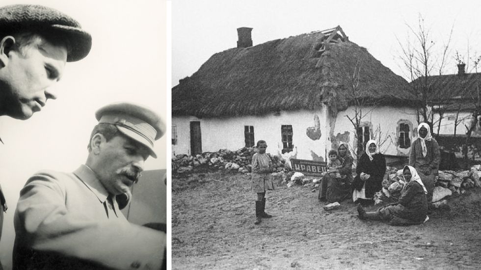 Till vänster: Josef Stalin (t h) tillsammans med Nikita Chrusjtjov 1932, då svälten pågick som värst i Ukraina. Till höger: Ukrainsk bondebefolkning framför konfiskerat hus.