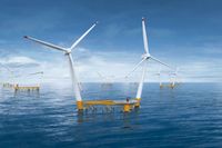 Jättelika flytande vindkraftverk som ska byggas utanför Sydkoreas kust. Plattformen har designats av svenska Hexinor.