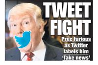 Del av omslaget till New York Post den 27 maj i år efter att Twitter anklagat Trump för att sprida ”fake news”. Foto: New York Post / TT 