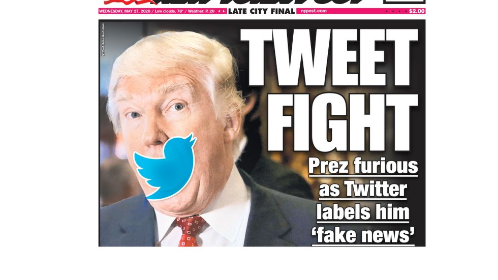 Del av omslaget till New York Post den 27 maj i år efter att Twitter anklagat Trump för att sprida ”fake news”. Foto: New York Post / TT 