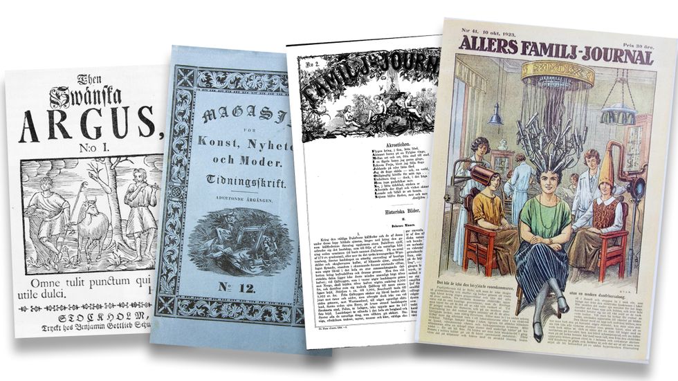 Then Swänska Argus (1732–34), Magasin för Konst, Nyheter och Moder (1823–44), Svenska Familj-Journalen (1864–87) och Allers Familj-Journal (1879–). 
