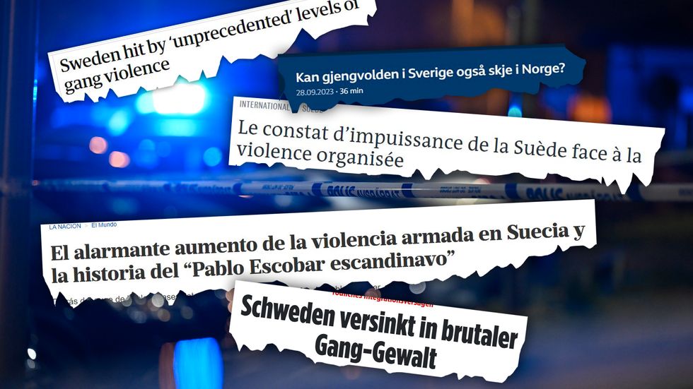 Utklipp med rubriker från internationella medier angående gängvåldet i Sverige.