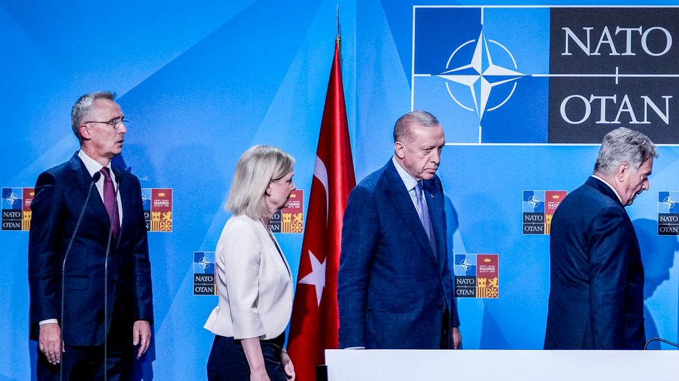 Natomötet i Madrid med Jens Stoltenberg, Magdalena ­Andersson, Recep Tayyip Erdogan, och Sauli Niinisto 28 juni 2022.