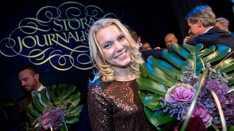 Carina Bergfeldt när hon tog emot Stora journalistpriset i kategorin årets berättare 2012. Arkivbild