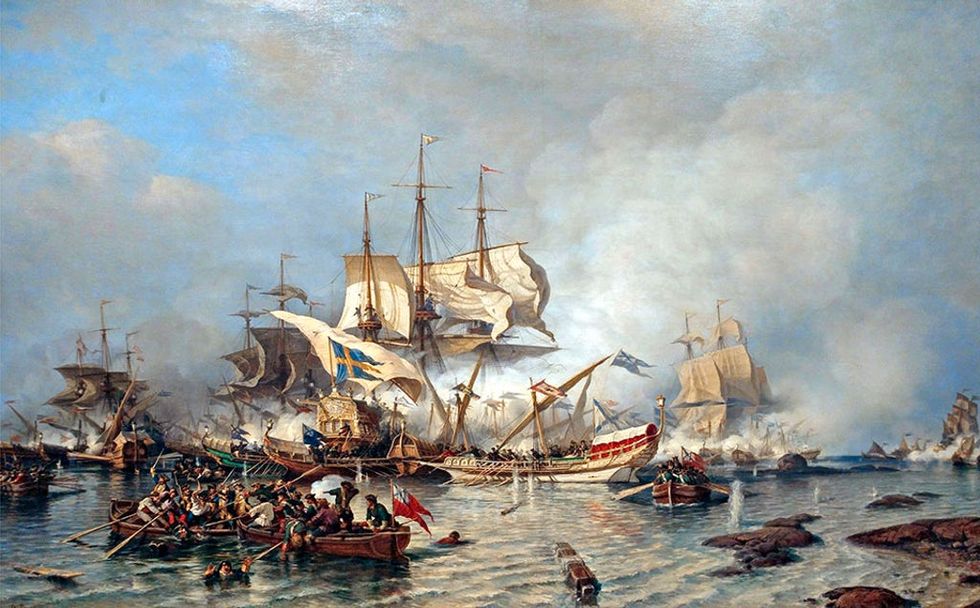 Slaget vid Ledsund den 27 juli 1720 där ett stort antal ryska galärer sänktes eller oskadliggjordes av svenskarna. Målning av Aleksej Bogoljubov från 1866.