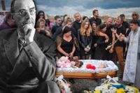 Föräldrar och vänner närvarar vid en fyraårig ukrainsk flickas begravning. Flickan dog i en rysk raketattack. I förgrunden Thomas Mann, som skrev om kulturens roll i en fascistisk stat.