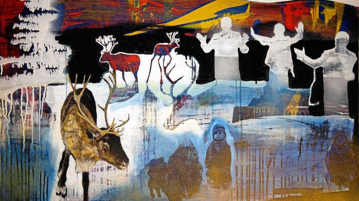 Anders Sunna: ”Inte här, inte där” 2019. Anders Sunna är en av de unga samiska kulturarbetare som nu gör upp med kolonialismens konsekvenser genom att problematisera den egna kulturen. 