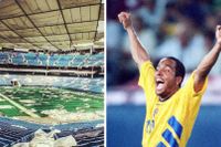 Martin Dahlin jublar på midsommarafton 1994 efter ett av sina två mål mot Ryssland i fotbolls-VM. Nu är arenan helt förfallen och rivning väntar.