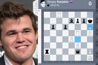 Magnus Carlsens vackra damoffer i det 16:e partiet 50:e drag. Karjakin – som samtidigt är nära att ställa norrmannens vita kung matt på rad 1 – kan bara ge upp. Tar han damen med kungen gör Carlsen schack matt med C-tornet på h8. Tar han damen med bonden gör Carlsen matt med det andra tornet på f7.